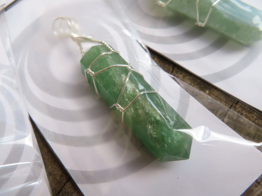 Polished Double Terminated Aventurine Crystals with Silver Wire Wrapped Pendant  - sold per piece - From South Africa - TopRock