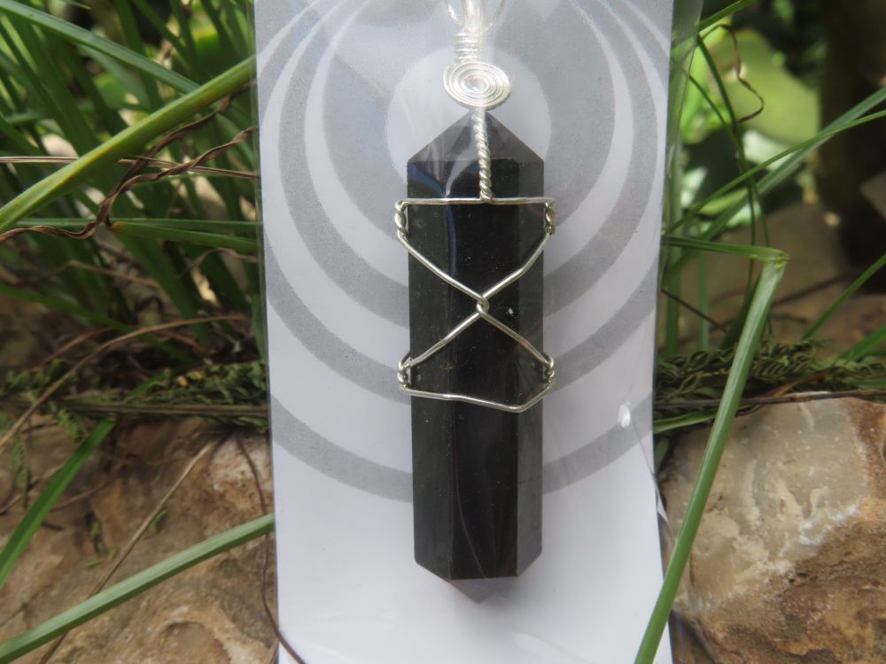 Polished Double Terminated Black Tourmaline with Silver Wire Wrapped Pendant  - sold per piece - From South Africa - TopRock