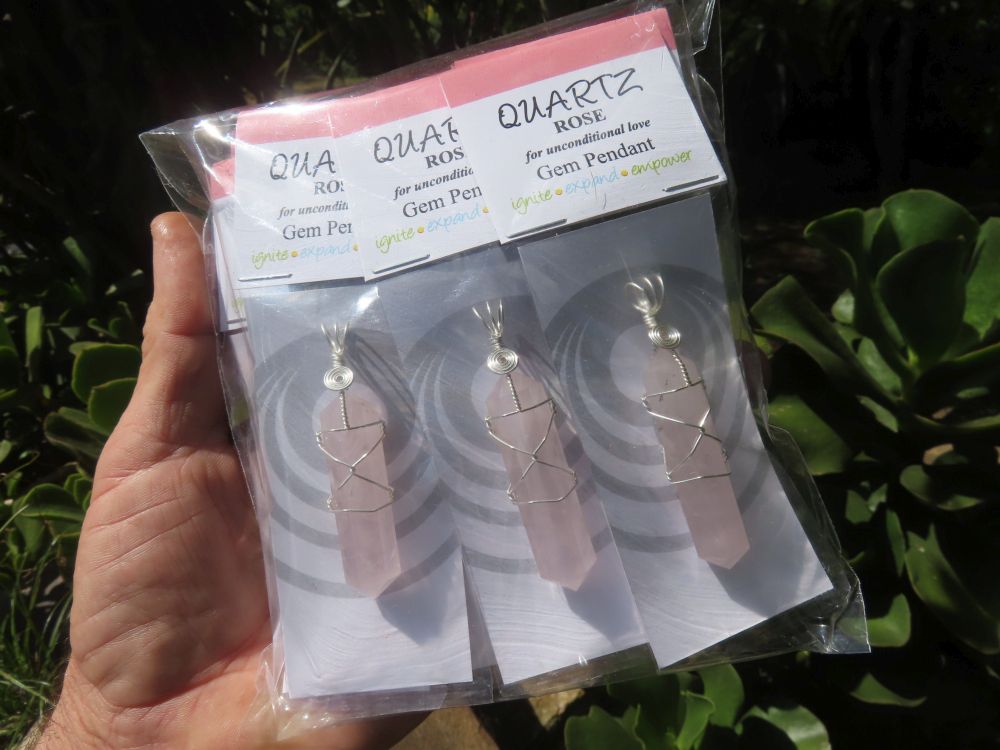 Polished Double Terminated Rose Quartz Crystals with Silver Wire Wrap Pendant - sold per piece - From South Africa - TopRock