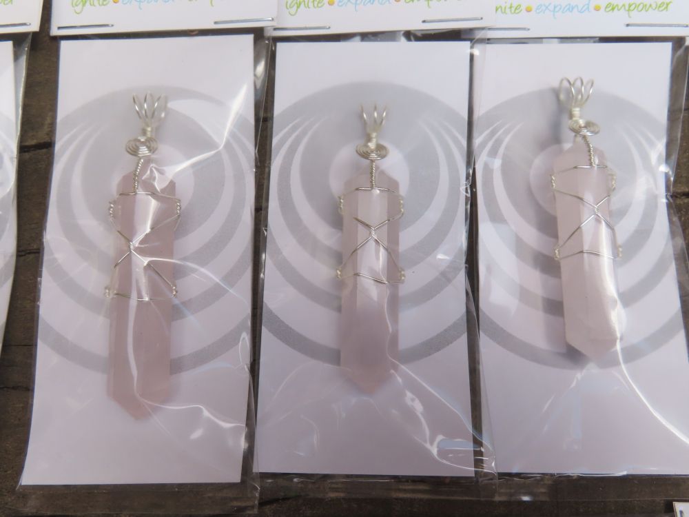 Polished Double Terminated Rose Quartz Crystals with Silver Wire Wrap Pendant - sold per piece - From South Africa - TopRock