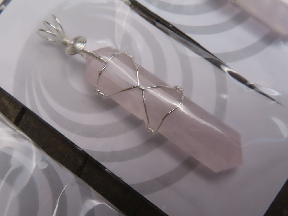 Polished Double Terminated Rose Quartz Crystals with Silver Wire Wrap Pendant - sold per piece - From South Africa - TopRock