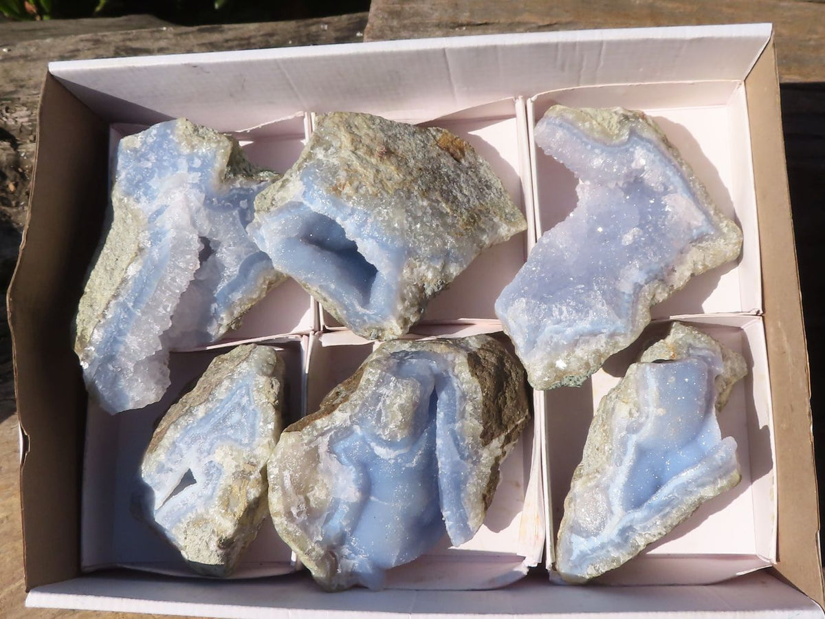 Natural Blue Lace Agate Geode Specimens x 6 From Nsanje, Malawi - Toprock Gemstones and Minerals 