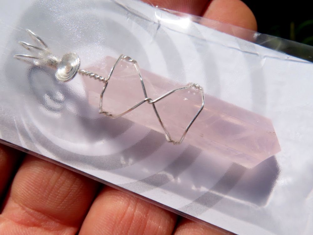 Polished Double Terminated Rose Quartz Crystals with Silver Wire Wrap Pendant - sold per piece - From South Africa - TopRock