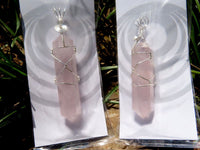 Polished Double Terminated Rose Quartz Crystals with Silver Wire Wrap Pendant - sold per piece - From South Africa - TopRock