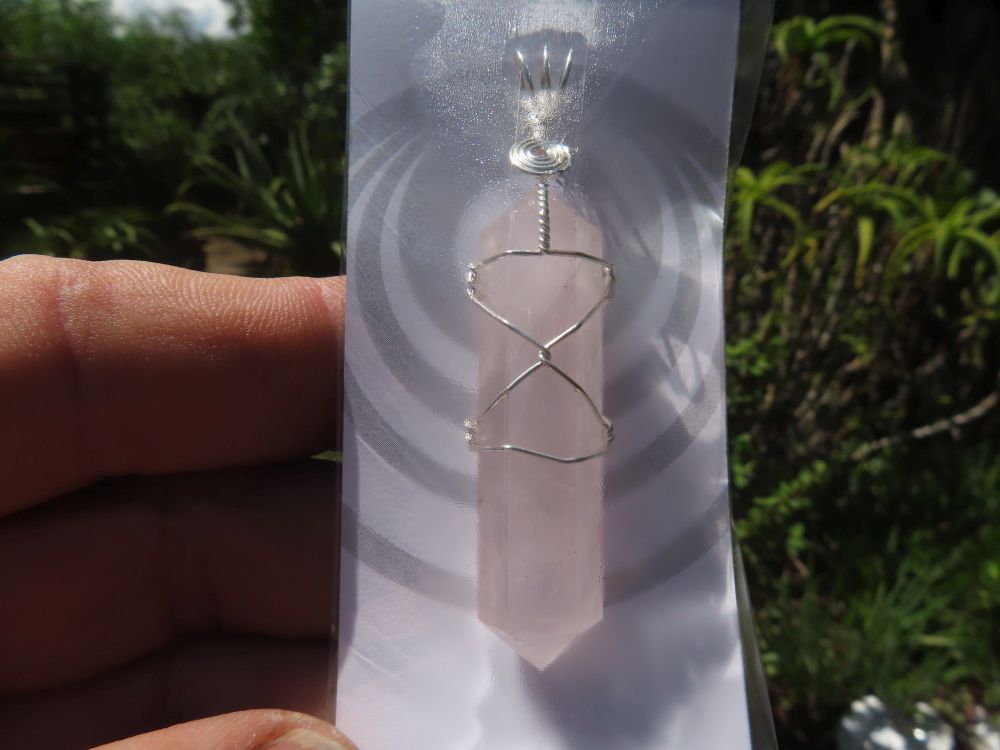 Polished Double Terminated Rose Quartz Crystals with Silver Wire Wrap Pendant - sold per piece - From South Africa - TopRock