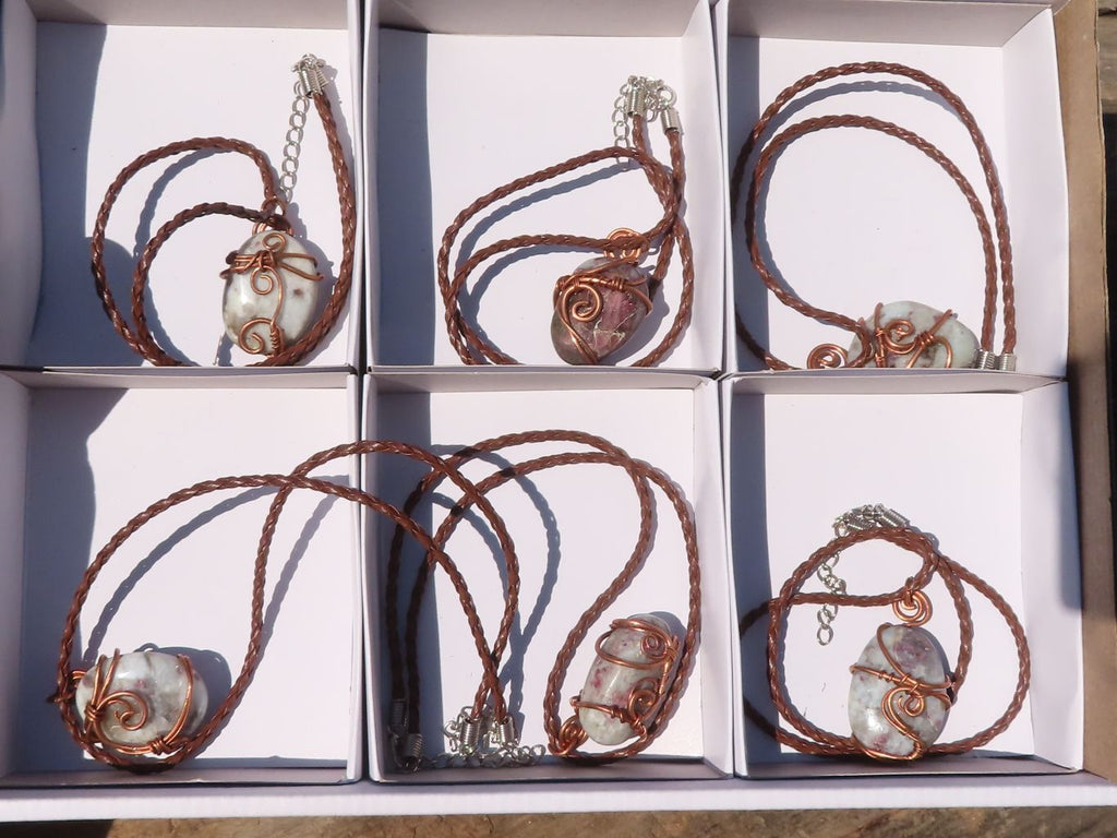 Polished Copper Wire Wrapped Pink Rubellite Pendants x 6 From Madagascar - Toprock Gemstones and Minerals 