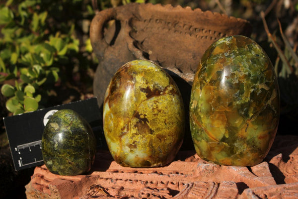 Polished Small to Medium Sized Brecciated Green Opal Standing Free Forms  x 3 From Antsirabe, Madagascar - TopRock