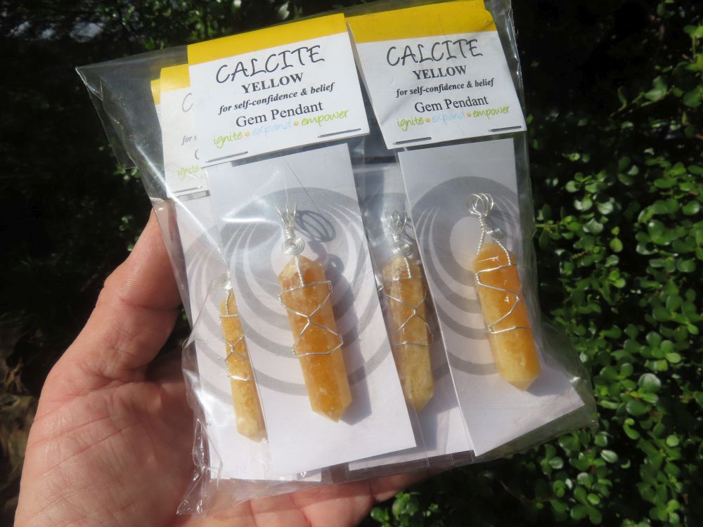 Polished Double Terminated Yellow Calcite Crystals with Silver Wire Wrapped Pendant  - sold per piece - From South Africa - TopRock