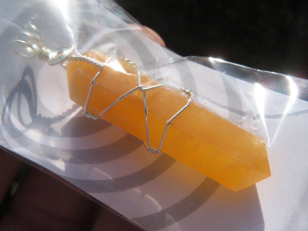 Polished Double Terminated Yellow Calcite Crystals with Silver Wire Wrapped Pendant  - sold per piece - From South Africa - TopRock
