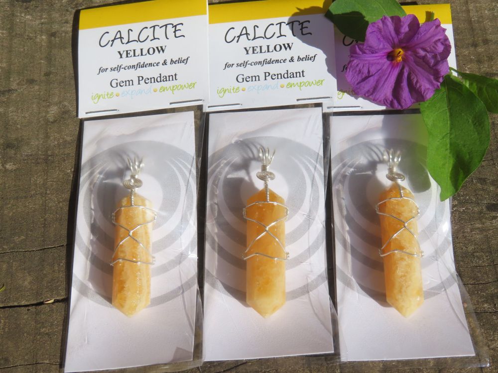 Polished Double Terminated Yellow Calcite Crystals with Silver Wire Wrapped Pendant  - sold per piece - From South Africa - TopRock
