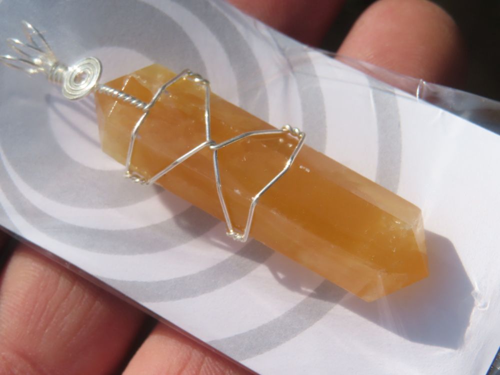 Polished Double Terminated Yellow Calcite Crystals with Silver Wire Wrapped Pendant  - sold per piece - From South Africa - TopRock