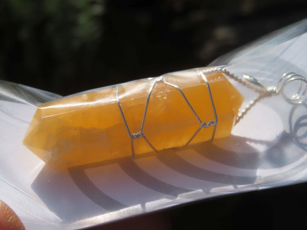 Polished Double Terminated Yellow Calcite Crystals with Silver Wire Wrapped Pendant  - sold per piece - From South Africa - TopRock