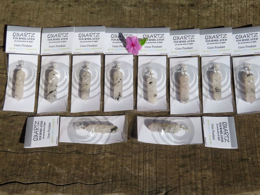 Polished Double Terminated Tourmalinated Quartz Crystals with Silver Wire Wrapped Pendant  - sold per piece - From South Africa - TopRock