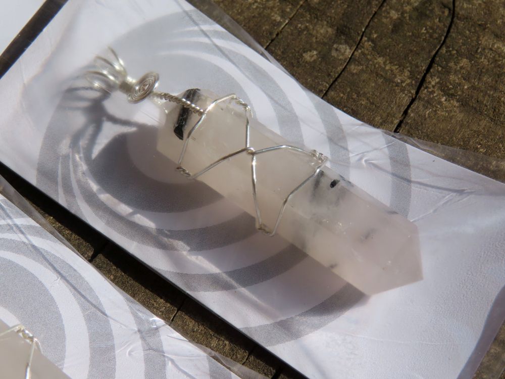 Polished Double Terminated Tourmalinated Quartz Crystals with Silver Wire Wrapped Pendant  - sold per piece - From South Africa - TopRock