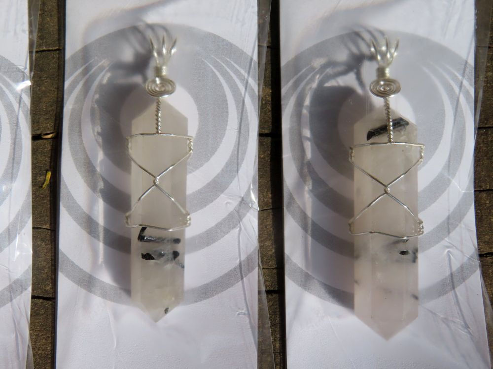 Polished Double Terminated Tourmalinated Quartz Crystals with Silver Wire Wrapped Pendant  - sold per piece - From South Africa - TopRock