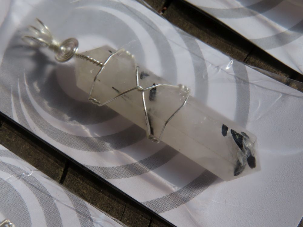 Polished Double Terminated Tourmalinated Quartz Crystals with Silver Wire Wrapped Pendant  - sold per piece - From South Africa - TopRock