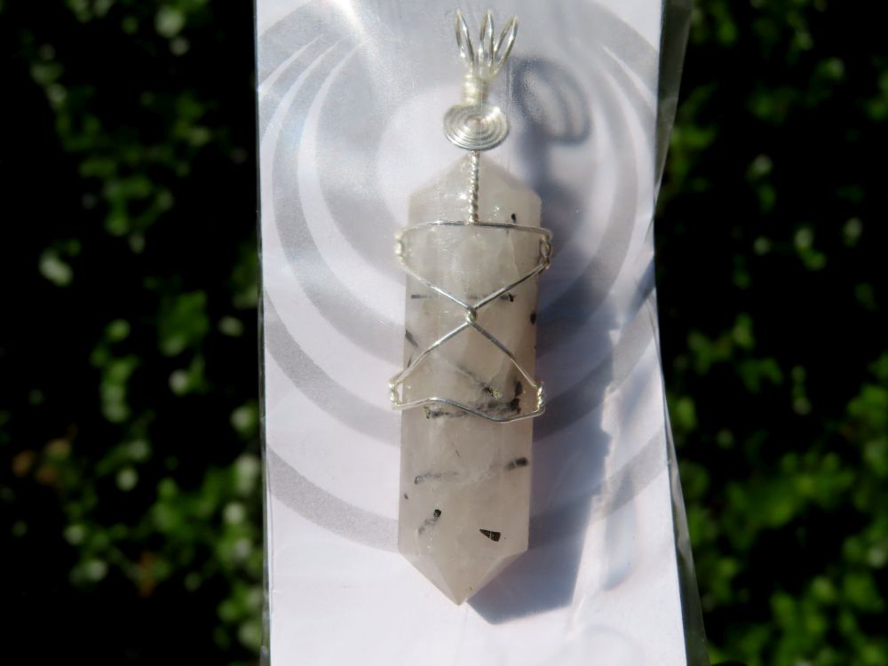 Polished Double Terminated Tourmalinated Quartz Crystals with Silver Wire Wrapped Pendant  - sold per piece - From South Africa - TopRock