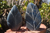Polished Small Blue Spinel Quartz Standing Leaf Sculptures x 2 From Madagascar - TopRock