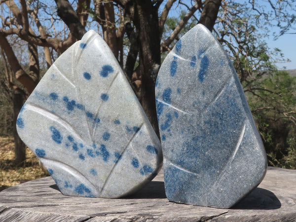 Polished Unique Blue Spotted Spinel Quartz Standing Leaf Sculptures x 2 From Madagascar - TopRock