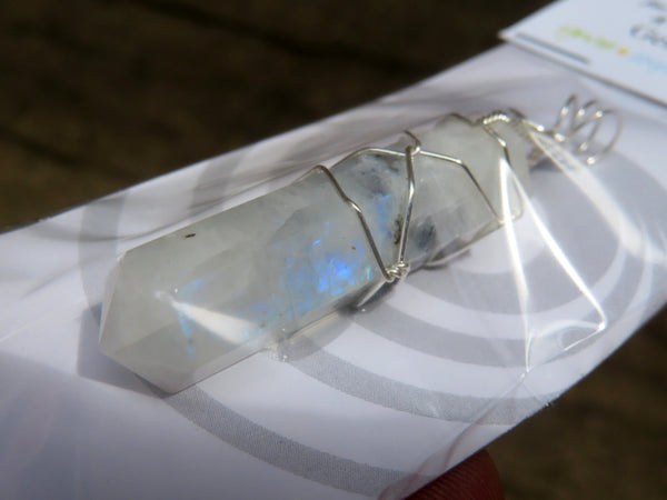 Polished Double Terminated Moonstone Crystals with Silver Wire Wrapped Pendant  - sold per piece - From South Africa - TopRock