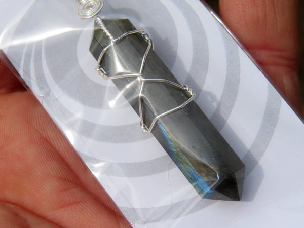 Polished Double Terminated Labradorite Crystals with Silver Wire Wrapped Pendant  - sold per piece - From South Africa - TopRock
