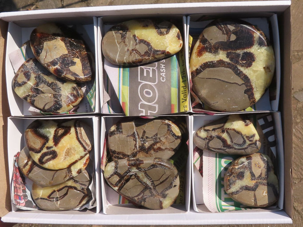 Polished Septerye (Aragonite & Calcite) Slices x 18 From Mahajanga, Madagascar - TopRock