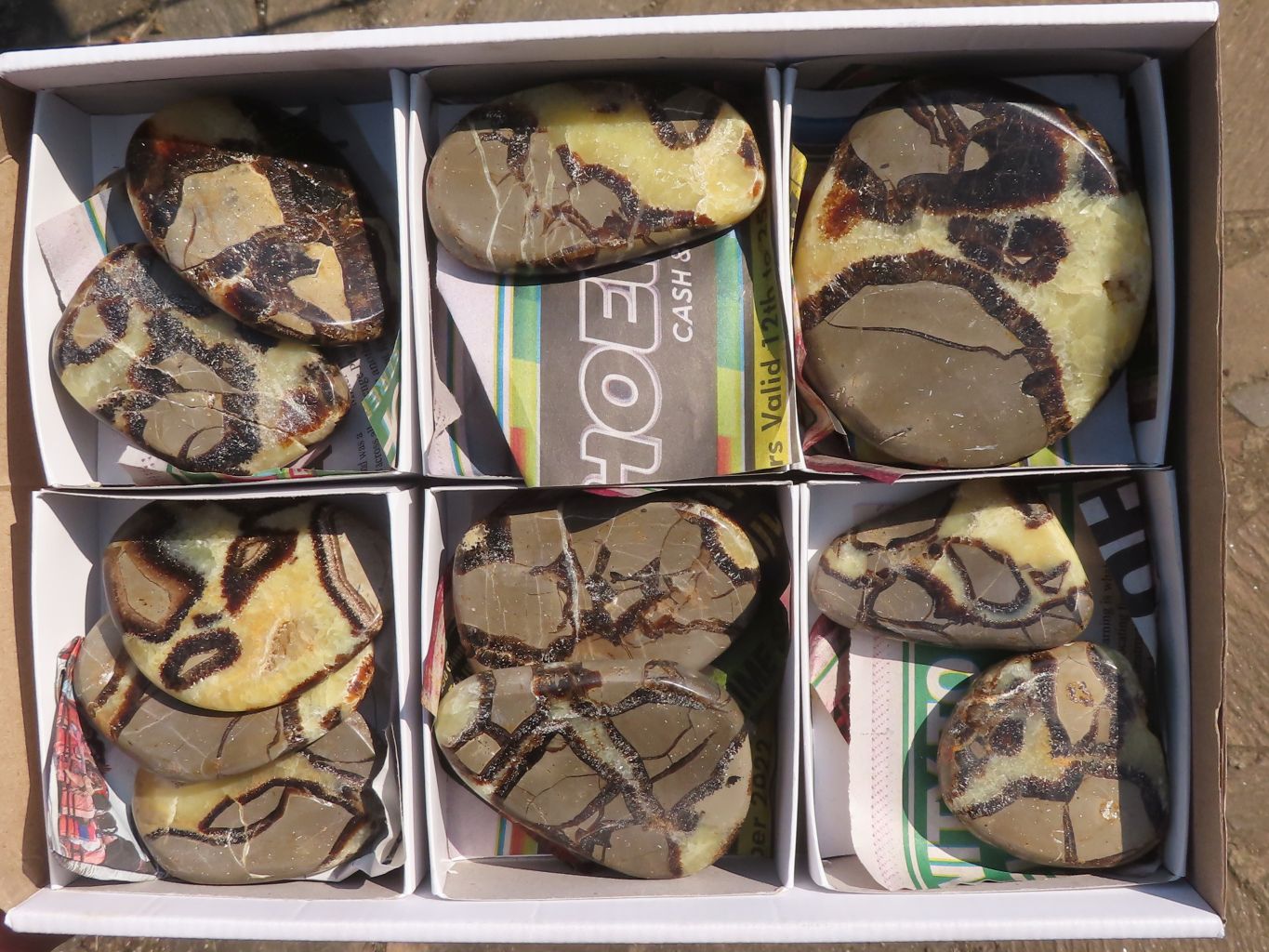 Polished Septerye (Aragonite & Calcite) Slices x 18 From Mahajanga, Madagascar - TopRock