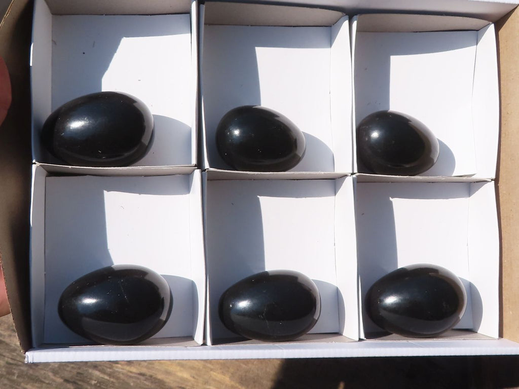 Polished Black Basalt Eggs  x 6 From Antsirabe, Madagascar - Toprock Gemstones and Minerals 