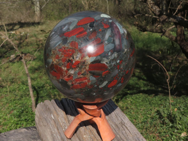Polished Huge Bloodstone Sphere With Golden Pyrite Specks, Includes A Custom Palisandre Rosewood Stand  x 1 From Swaziland - TopRock