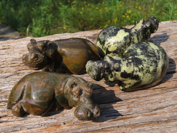 Polished Leopard Stone & Verdite Hand carved Hippos x 3 From Zimbabwe - TopRock