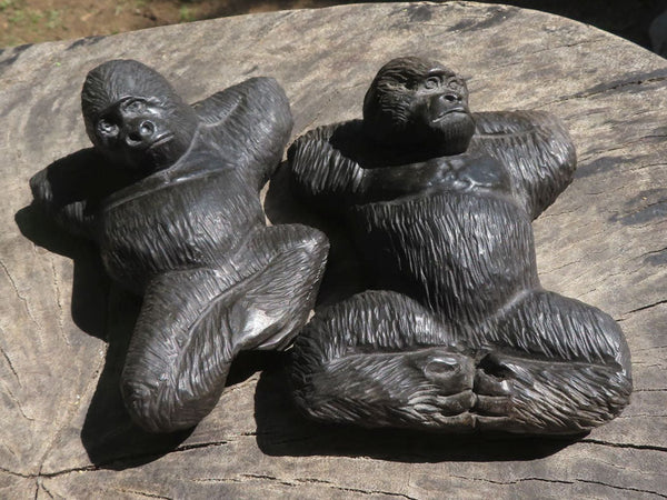 Polished Pair Of Relaxing Gorilla Carvings  x 2 From Zimbabwe - TopRock