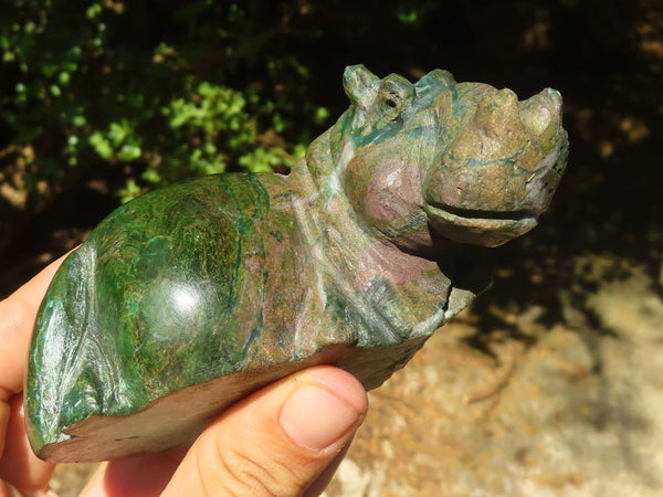 Polished Green Verdite Hippo Carvings  x 3 From Zimbabwe - TopRock