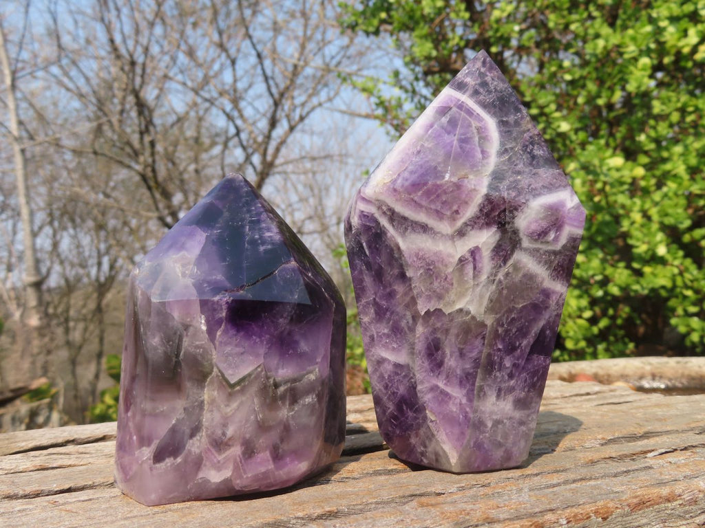 Polished Chevron Amethyst Points x 2 From Zambia - Toprock Gemstones and Minerals 