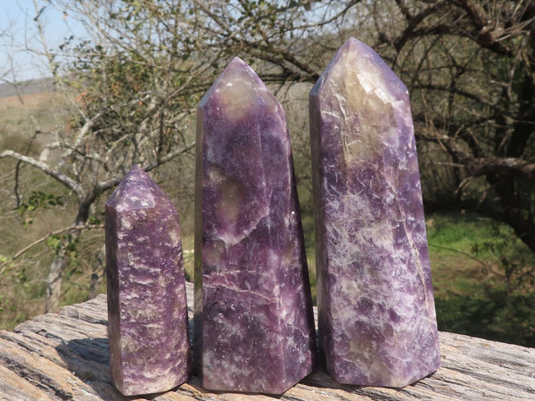 Polished Purple Lepidolite Points With Pink Rubellite Tourmaline Inclusions x 3 From Madagascar - TopRock