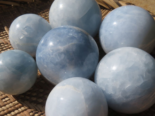 Polished Mostly Small Sized Blue Calcite Spheres x 7 From Madagascar - TopRock