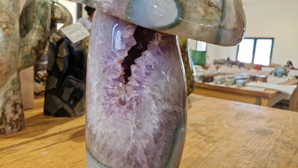 (+12 WEEKS!) Polished and Natural XL Agate Mushroom with Amethyst Crystalline Vugs x 1 From Maintirano, Madagascar