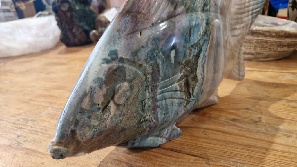 (+12 WEEKS!) Hand Made XL Rare Ocean Jasper Fish Sculpture x 1 From Boeny, Madagascar