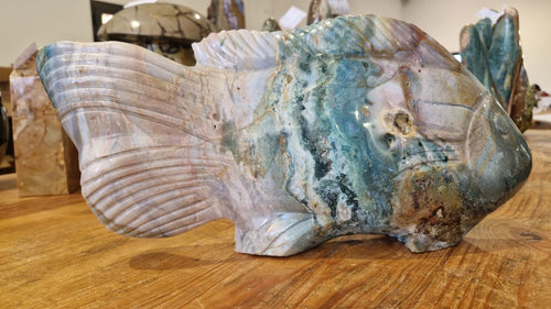 (+12 WEEKS!) Hand Made XL Rare Ocean Jasper Fish Sculpture x 1 From Boeny, Madagascar