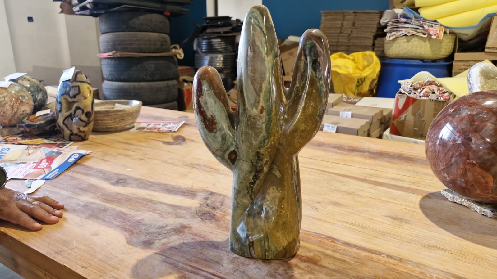 (+12 WEEKS!) Hand Made Large Rare Ocean Jasper Desert Cactus Sculpture x 1 From Boeny, Madagascar