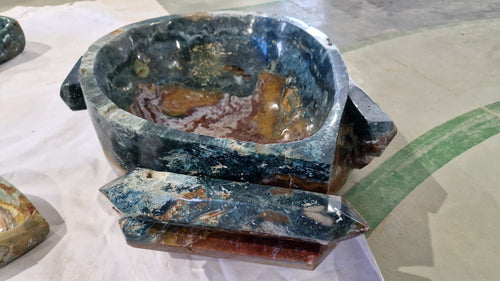 (+12 WEEKS!) Hand Made XXL Rare Ocean Jasper Vasque/Bowl with Double Terminated Crystals x 1 From Boeny, Madagascar