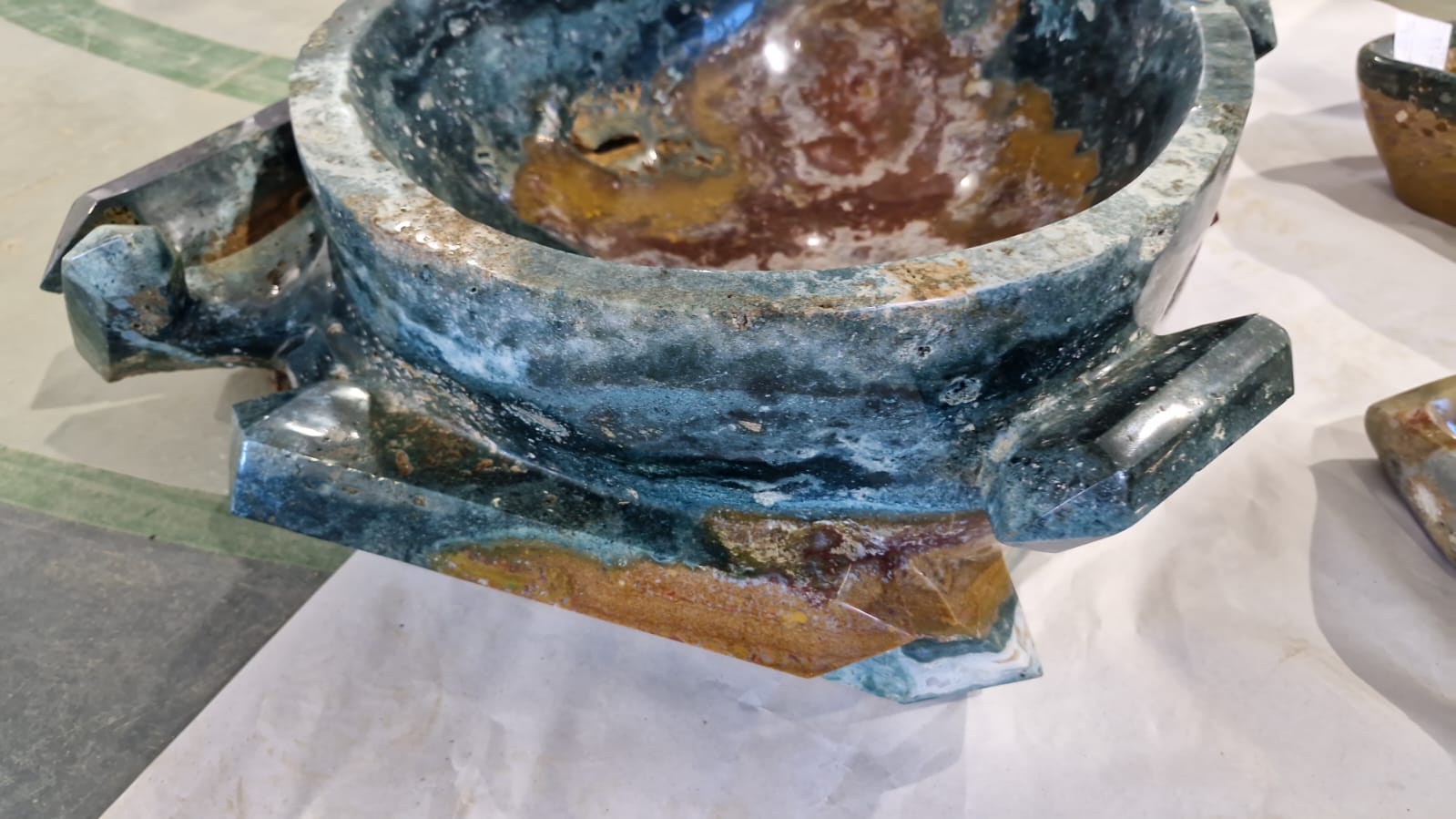 (+12 WEEKS!) Hand Made XXL Rare Ocean Jasper Vasque/Bowl with Double Terminated Crystals x 1 From Boeny, Madagascar