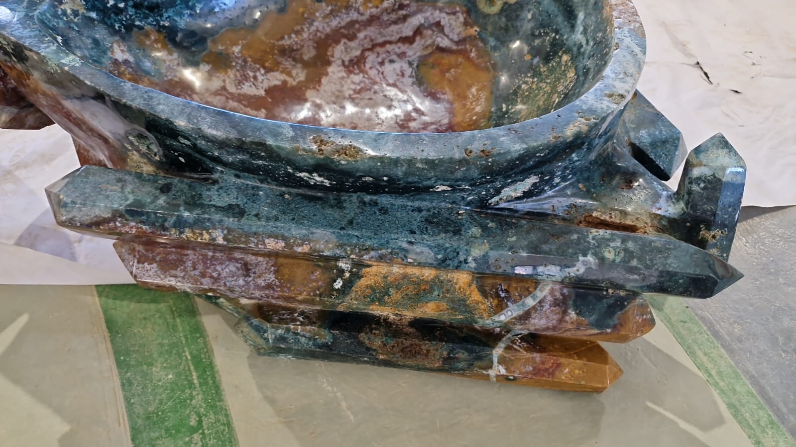 (+12 WEEKS!) Hand Made XXL Rare Ocean Jasper Vasque/Bowl with Double Terminated Crystals x 1 From Boeny, Madagascar