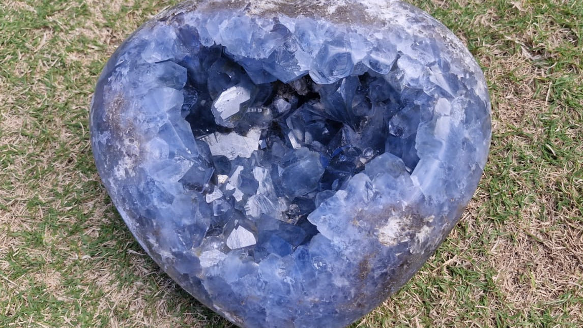 (+12 WEEKS!) Polished and Natural Celestite Gemstone Heart x 1 From Sakoane, Madagascar