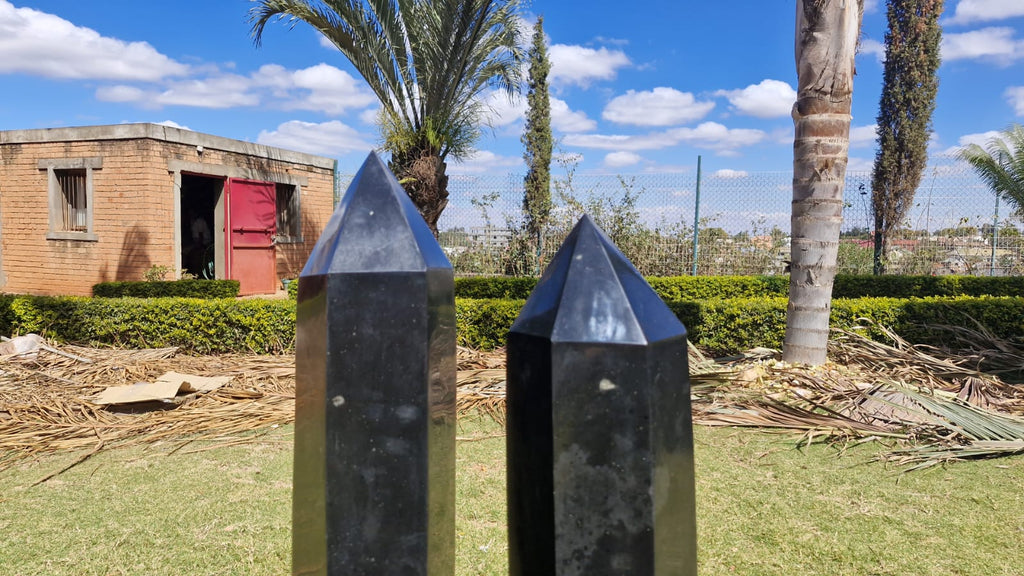 (+12 WEEKS!) Polished XXL Pair of Black Basalt Standing Crystal Towers x 1 From Madagascar