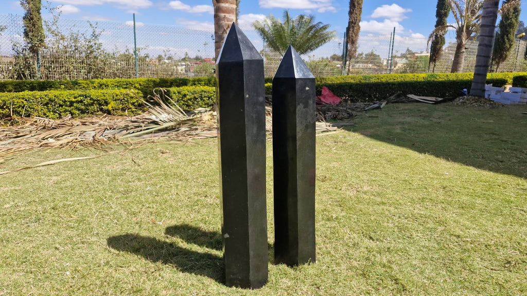 (+12 WEEKS!) Polished XXL Pair of Black Basalt Standing Crystal Towers x 1 From Madagascar