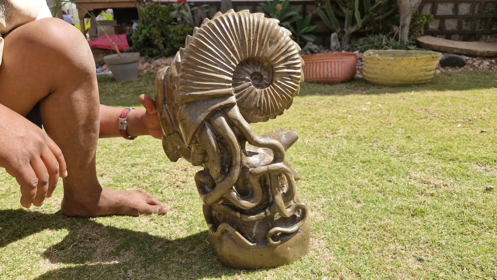(+12 WEEKS!) Hand Made XXL Septerye Octopus and Dolphin with Ammonite Sculpture x 1 From Mahajanga, Madagascar