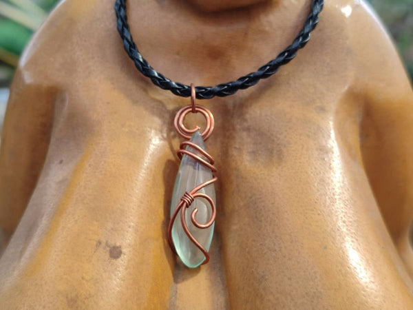 Polished Aqua Silica Crystal Copper Wire Wrapped Pendants with Thong -  sold per piece - From South Africa