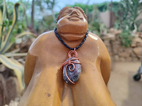 Polished Rubellite Tourmaline Copper Wire Wrapped Pendants with Thong - sold per piece - From Madagascar