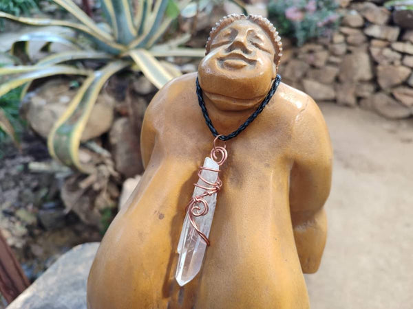 Natural Quartz Crystal Copper Wire Wrapped Pendants with Thong - Sold Per Piece - From South Africa