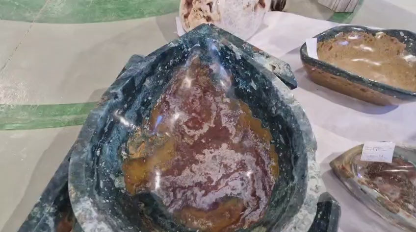 (+12 WEEKS!) Hand Made XXL Rare Ocean Jasper Vasque/Bowl with Double Terminated Crystals x 1 From Boeny, Madagascar